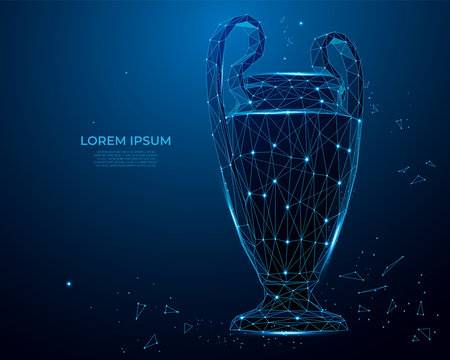 Trophy cup form lines and triangles, point connecting network on blue background. sport cup, champion's cup. Polygon vector wireframe concept, mesh art