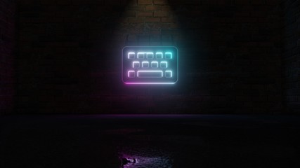 3D rendering of blue violet neon symbol of keyboard icon on brick wall