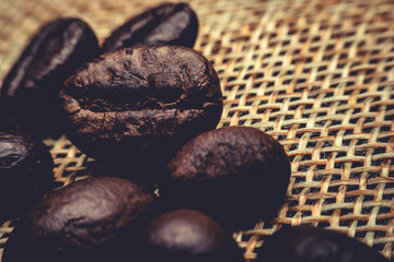 The raw coffee beans are preparing to grind into delicious coffee.