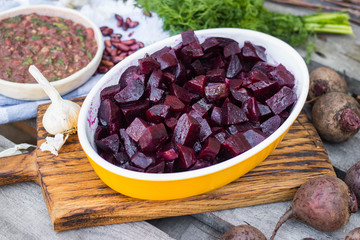 Cooked beetroot salad. Vegan and vegetarian food.