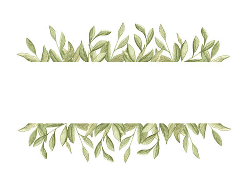 illustration watercolor rectangular frame of green leaves with place for text on a white background. spring summer mood. For cards, design, flyers, banners.