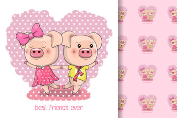 Two Cute Cartoon Pigs on a background of heart for kids