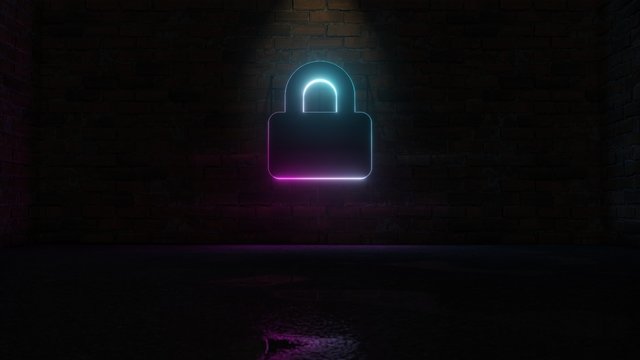 3D rendering of blue violet neon symbol of lock icon on brick wall