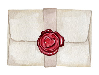 Watercolor illustration of envelope with love letter inside and red wax seal