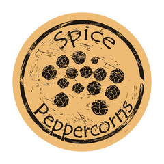 Peppercorns icon vector round shabby emblem design, old retro style. Spice ingredient for food logo mail stamp on craft paper. Cooking ingredient vintage grunge sign. Spicy food.