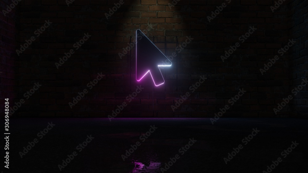 Poster 3d rendering of blue violet neon symbol of mouse pointer icon on brick wall