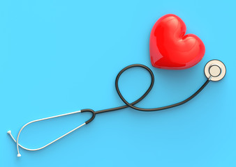 .Health exam with red heart and Stethoscope on blue background Health care concept Top view of...