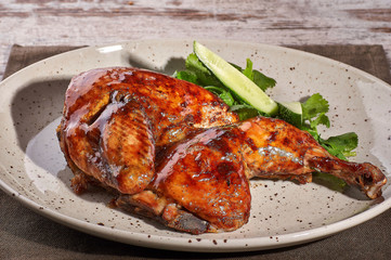 restaurant dish on white and gray plates, on a table