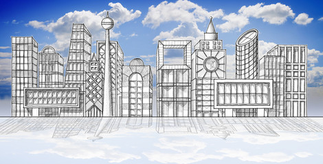 Drawing the skyline of a modern city hypothetical - pencil on white background