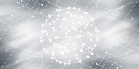 Technical futuristic design wallpaper. Gray halftone pattern with white line motion and network connection backdrop wallpaper. Clean Grey geometric background.