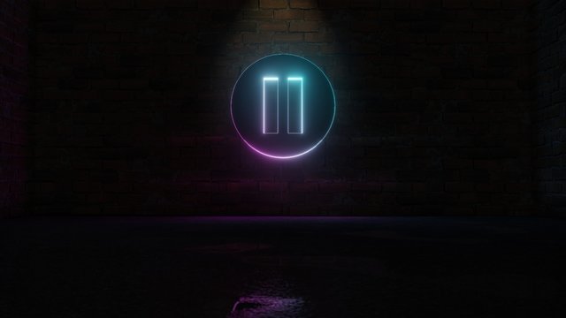 3D Rendering Of Blue Violet Neon Symbol Of Pause  Icon On Brick Wall