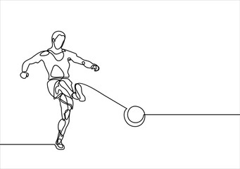 vector illustration of soccer player kicking soccer ball-continuous line drawing