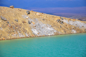 Close Up view of colorful Emerald lake and volcanic landscape, Tongariro Alpine Crossing, North Island, New Zealand.