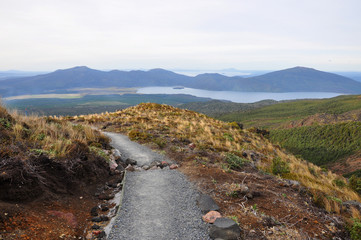 Hikind path and volcanic landscape at Tongariro Alpine Crossing, North Island, New Zealand.