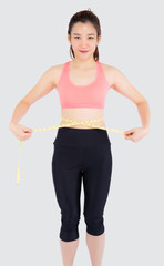 Beautiful slim young asian woman measuring tape thin waist wear uniform fitness isolated white background, asia girl loss weight for diet with exercise and workout wellbeing and healthy care body.