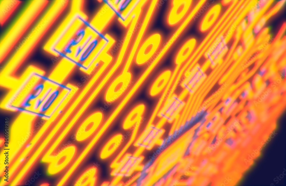 Poster circuit board technology tree pattern concept render background. blue and yellow abstract scifi pcb 