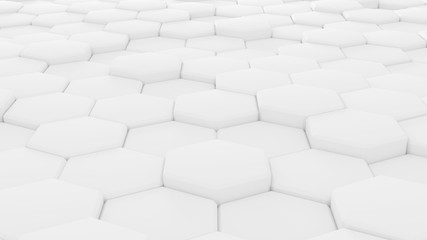 Abstract hexagonal background with the effect of depth of field. A large number of white hexagons. Cellular, white 3d panel. wall texture, hexagonal clusters