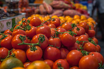 vegetables on the market awaiting purchase. beautifully laid out counters