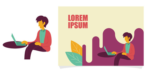 Minimalist vector flat character design on businessman working in office behind her desk with laptop. Man using laptop. Colorful vector illustration for website design or landing web page banner.
