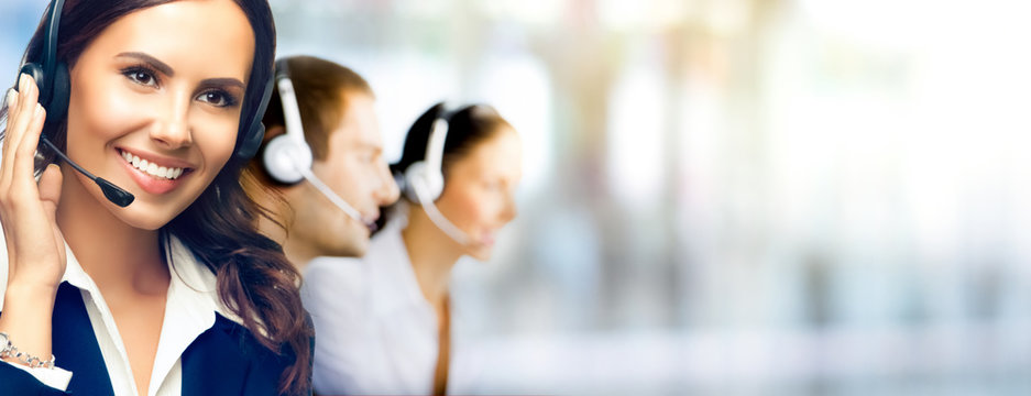 Call Center Service. Sales agents team. Group of callers or receptionist phone operators. Copy space for some text, advertising or slogan. Help line answering and telemarketing. Confident style.