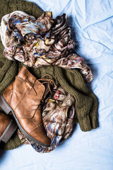 woman brown shoes and  green cardigan, stylish and retro hipster style