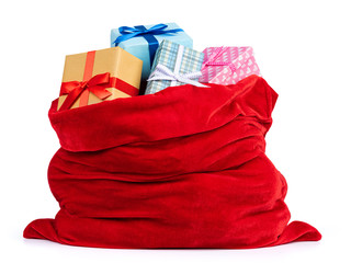 Santa Claus red bag full of Christmas boxes with gifts, isolated on white background. File contains...