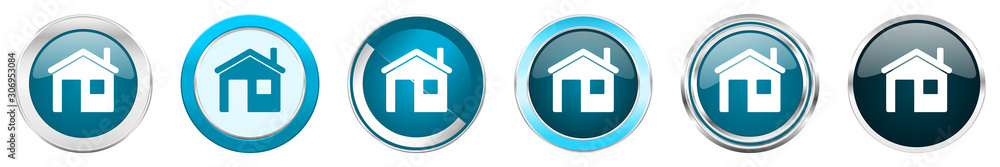 Poster house silver metallic chrome border icons in 6 options, set of web blue round buttons isolated on wh