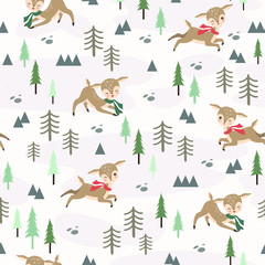 Seamless pattern with cute deers. Cartoon Animals Background, Vector Illustration 