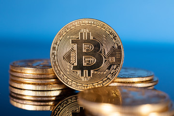 Bitcoin Stack Macro Blue Background - 306954031