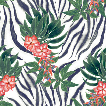Watercolor painting seamless pattern with beautiful flowers , leaves on stripes background