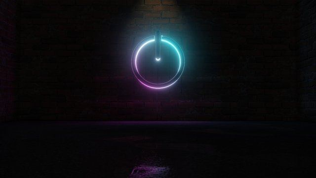 3D rendering of blue violet neon symbol of power icon on brick wall
