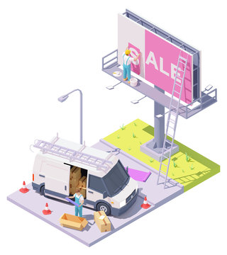 Vector Isometric Low Poly Billboard Advertising Installation Illustration, Worker Installing Advertising On Billboard, Ladder, Bucket With Glue, Advertising Agency Truck