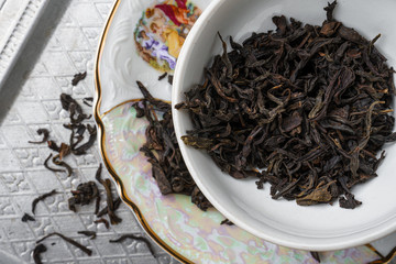 Tea ceremony in life style. English breakfast, oolong. Tea leaves. Chinese tea. Healthy life.