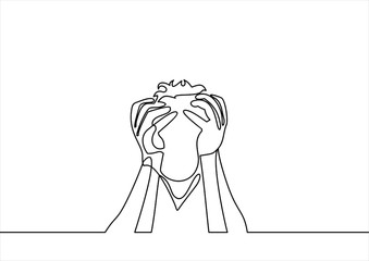 Stress and fatigue. man holding his head. headache-continuous line drawing