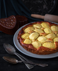 Homemade delicious fresh baked rustic apple tart on dark background