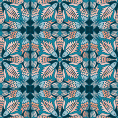 Seamless vector pattern with colorful stylized fish. The design is perfect for wallpaper, backgrounds, wrapping paper, sheets, clothes, stationery and decorations. 