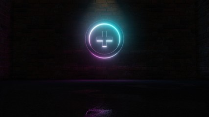 3D rendering of blue violet neon symbol of round icon on brick wall
