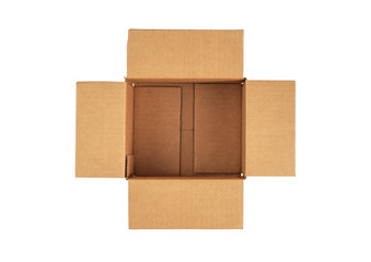 Open empty cardboard box for delivery. Top view. Flat lay.