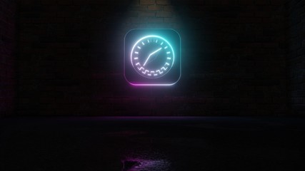 3D rendering of blue violet neon symbol of safari icon on brick wall