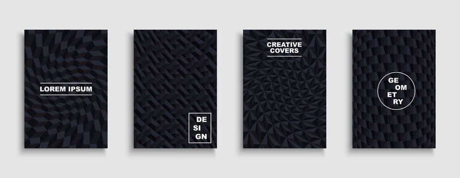 Collection of black textured covers, posters, templates, placards, brochures, banners, flyers, backgrounds. Geometric 3d distorted design with creative dark shapes.