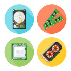 Computer components set of vector flat round icons