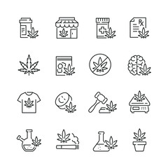 Medical marijuana related icons: thin vector icon set, black and white kit