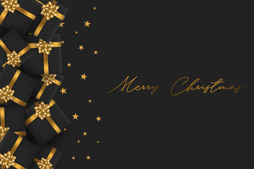 Merry Christmas greeting card. Black luxurious design - presents boxes with golden ribbon and bow, gold stars confetti on surface. Hand written lettering. Realistic vector illustration