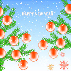 Christmas tree, red ball, snowflax, New Year on blue congratulation card for web, for print art design elements stock vector illustration for web, for print