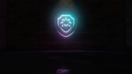 3D rendering of blue violet neon symbol of shield  icon on brick wall