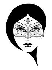 Portrait of a beautiful girl. Woman face hidden behind a decorative carnival mask with lace patterns. Venetian stranger. Venice masquerade. Vector illustration isolated on white background. Hand drawn