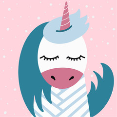 White unicorn head with pink horn, blue bangs and turquoise mane on pink background. Unicorn with closed eyes. Vector illustration