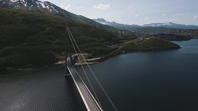 Aerial View Of H&aring;logaland Bridge In Northern Norway. Nordic City, Nature, Travel Concept. Location: H&aring;logaland Bridge, Rombaken Fjord, Norway. July Of 2019.