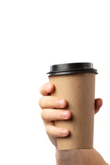 Mockup of male hand holding a Coffee paper cup isolated on white background.