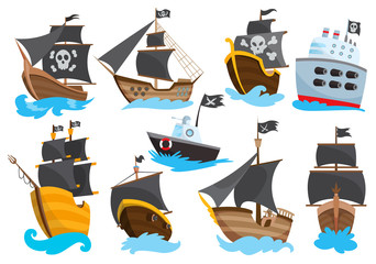 Set of Wooden pirate buccaneer filibuster corsair sea dog ship icon game, isolated flat design. Color cartoon frigate. Vector illustration © the8monkey